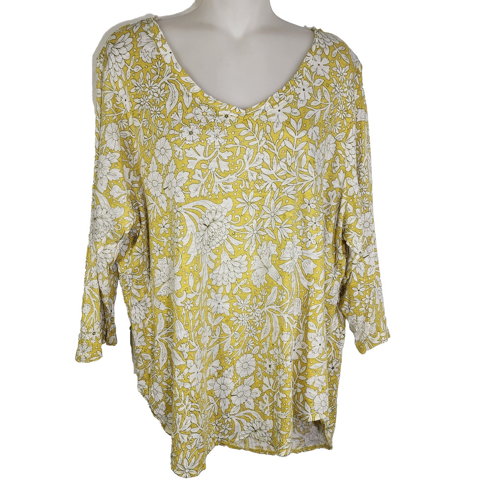 Rachel Ashwell Womens Top Size 1X 100% Linen Floral Pullover V Neck 3/4 Sleeve